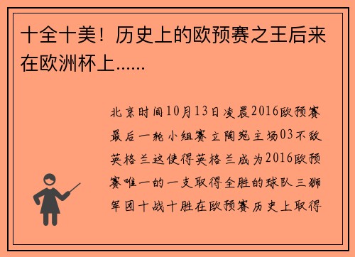 十全十美！历史上的欧预赛之王后来在欧洲杯上......