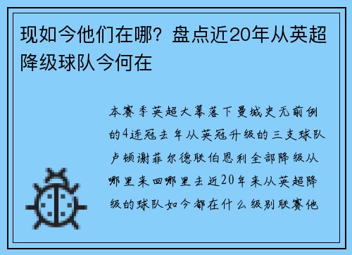 现如今他们在哪？盘点近20年从英超降级球队今何在