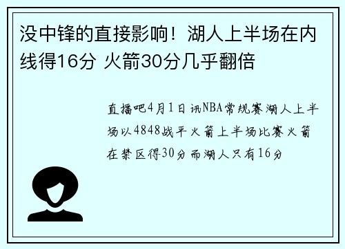 没中锋的直接影响！湖人上半场在内线得16分 火箭30分几乎翻倍